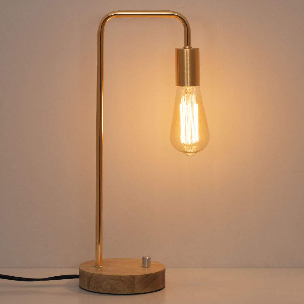 Edison Industrial Bedside Desk Lamp - Wooden Lamp with Gold Frame