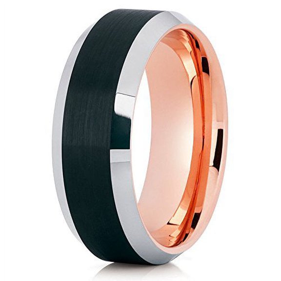 Tungsten Wedding Band Rose Gold Tungsten Ring Men & Women Beveled Tungsten Brushed Black 8mm Comfort Fit