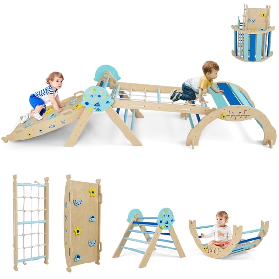 Gymax Spaceman Theme Wooden Montessori Climbing Set w/Arch Ramp Climbing Rope & Ladder
