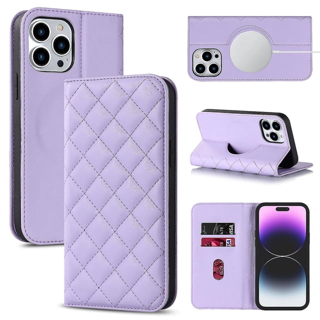 Funda antirrobo con cierre magnético para iPhone 14 Pro, compatible con carga magnética, piel sintética y TPU, diseño tipo billetera, ranuras para tarjetas