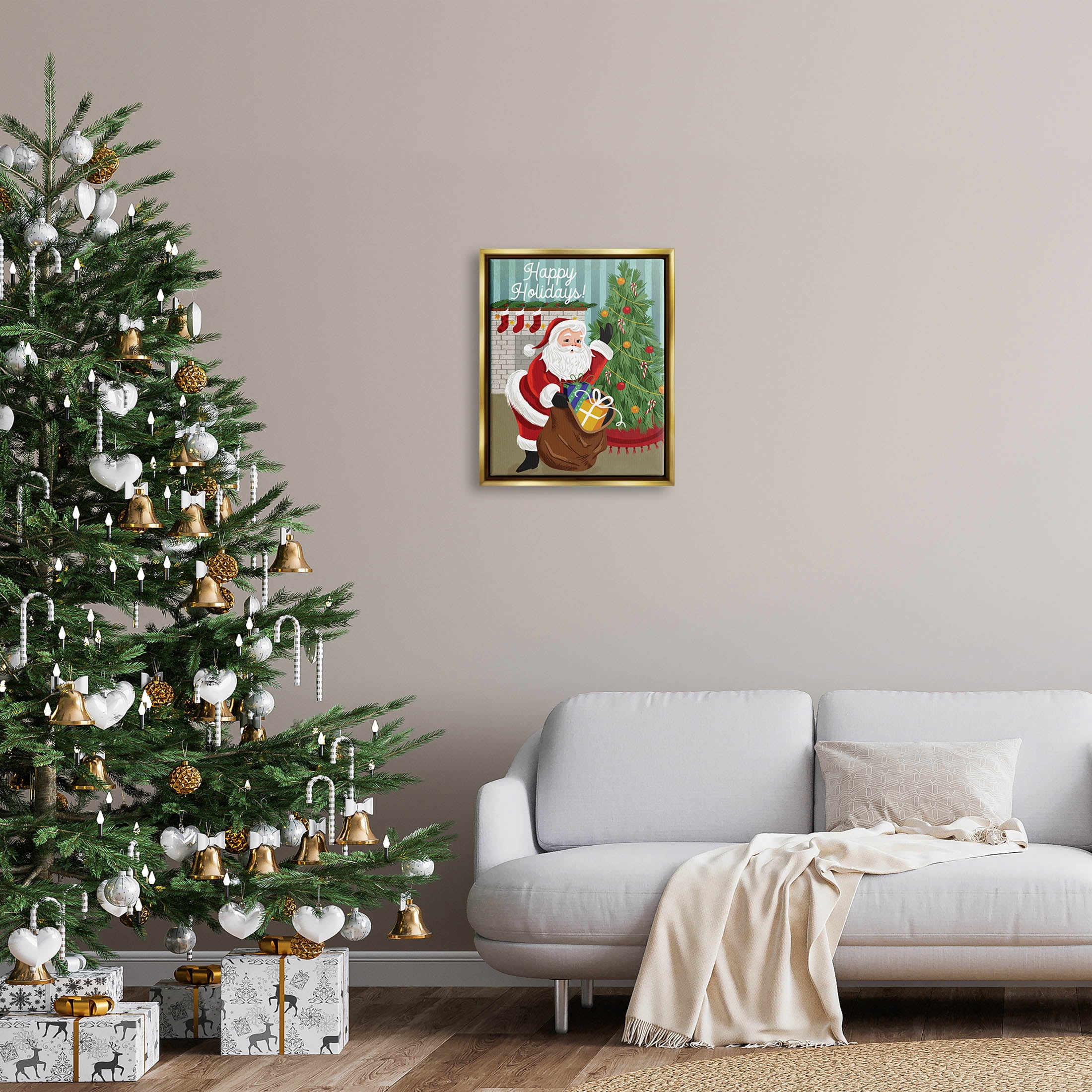 Happy Holidays Santa Gift Bag Holiday Graphic Art Metallic Gold Framed Art Print Wall Art