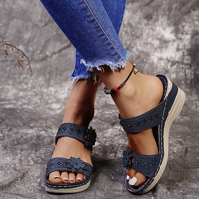 Zapatillas de cuña para mujer de fondo plano con tacón alto y flores informales retro de verano Wmkox8yii ytu7893