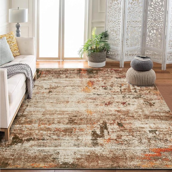 8x10 Ft Area Rug Living Room Washable Non Slip Low Pile Abstract Brown