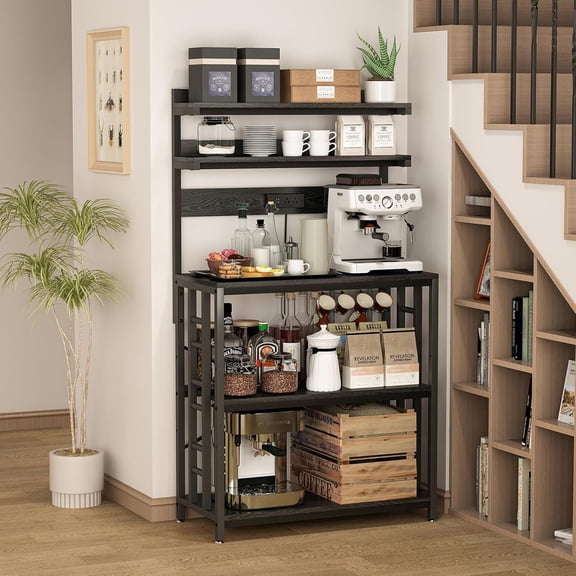 Adjustable Bakers Rack with Power Outlet,Coffee Bar Station with Led Lights,Microwave Stand with Storage,5-Tier Kitchen Shelf,Kitchen Storage Rack for Spices, Pots and Pans,Black