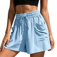 thumbnail image 3 of Women's Loose Fit Cotton Blend Casual Shorts with Pockets, High Waisted Elastic Drawstring Summer Beach Shorts, Lightweight Breathable Fabric, Tummy Control Comfy Lounge | TruHer,Light Blue L, 3 of 7