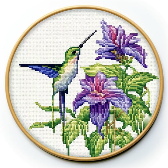 Hummingbird and Morning Glory Flower Stamped Cross Stitch Kits for Beginners Easy with Hoop 11CT Needlepoint Embroidery DIY Counted Cross Stitch Kits Art Craft Wall Decor 35x35cm(1)