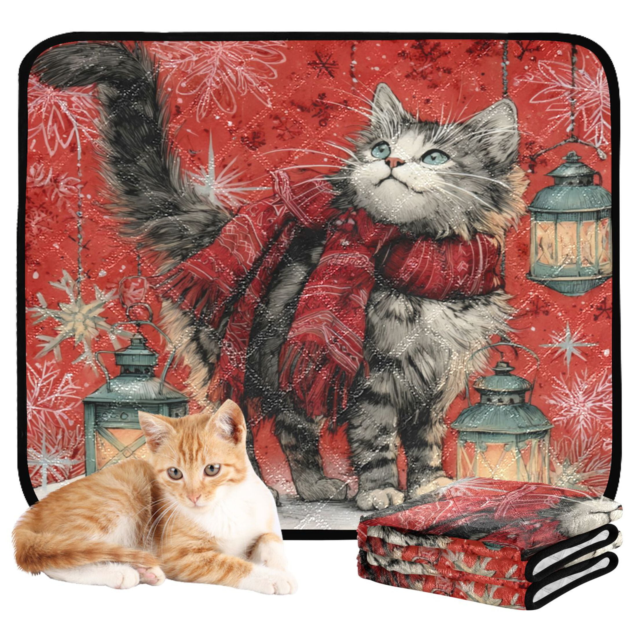 Qxltty Christmas Cute Tabby Cat Cat litter Pads Pet Set of 2 Diaper Mats Center Anti-leakage Layer Absorbent Soft and Comfortable