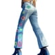 thumbnail image 1 of Azul M parche bordado contraste color patchwork jeans cintura alta slim fit campana pantalones nuevos, 1 of 7