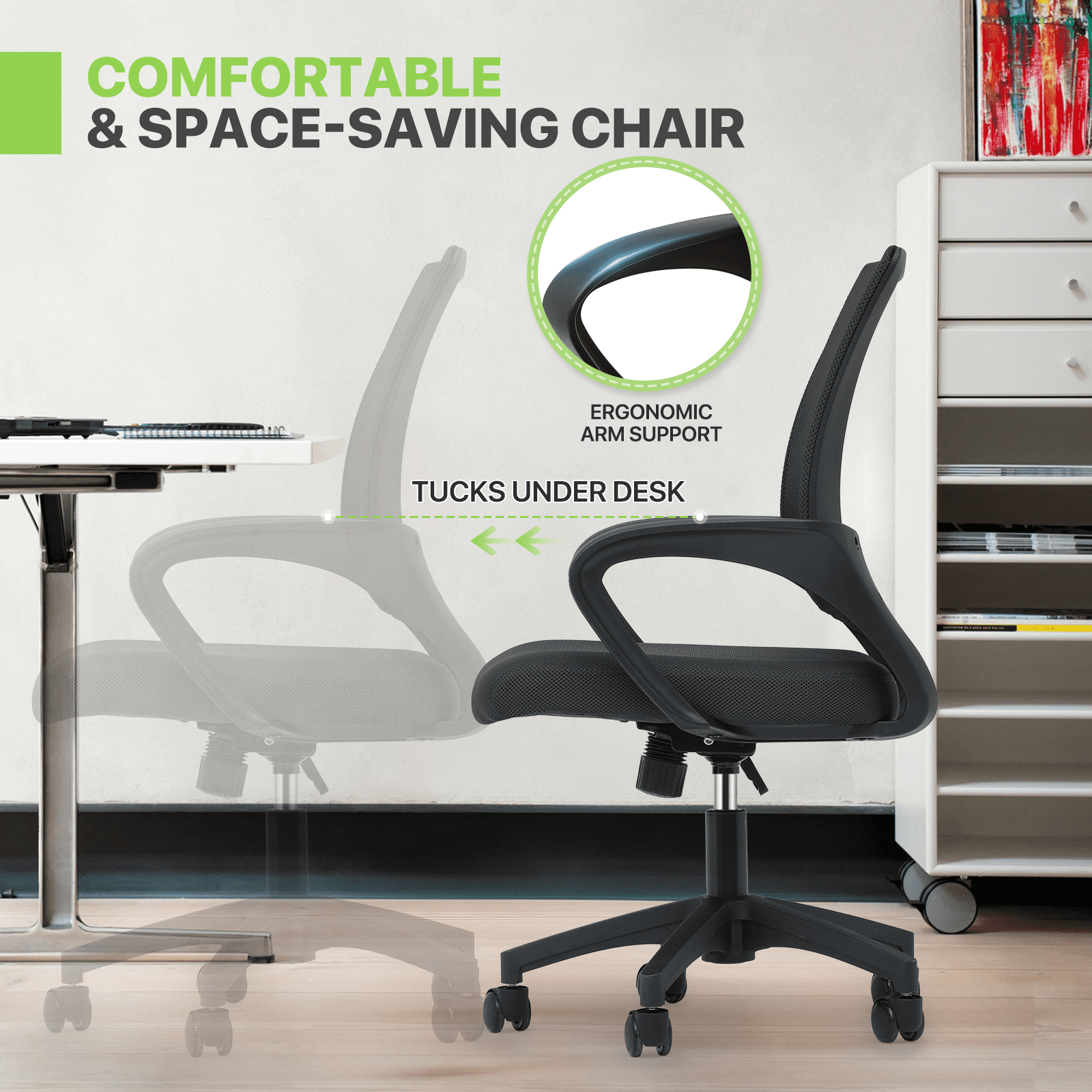 Magshion Set of 2 Office Chairs Mid Back Swivel Desk Chairs, Height Adjustable Ergonomic Mesh Computer Chairs with Armrest & Lumbar Support, Black