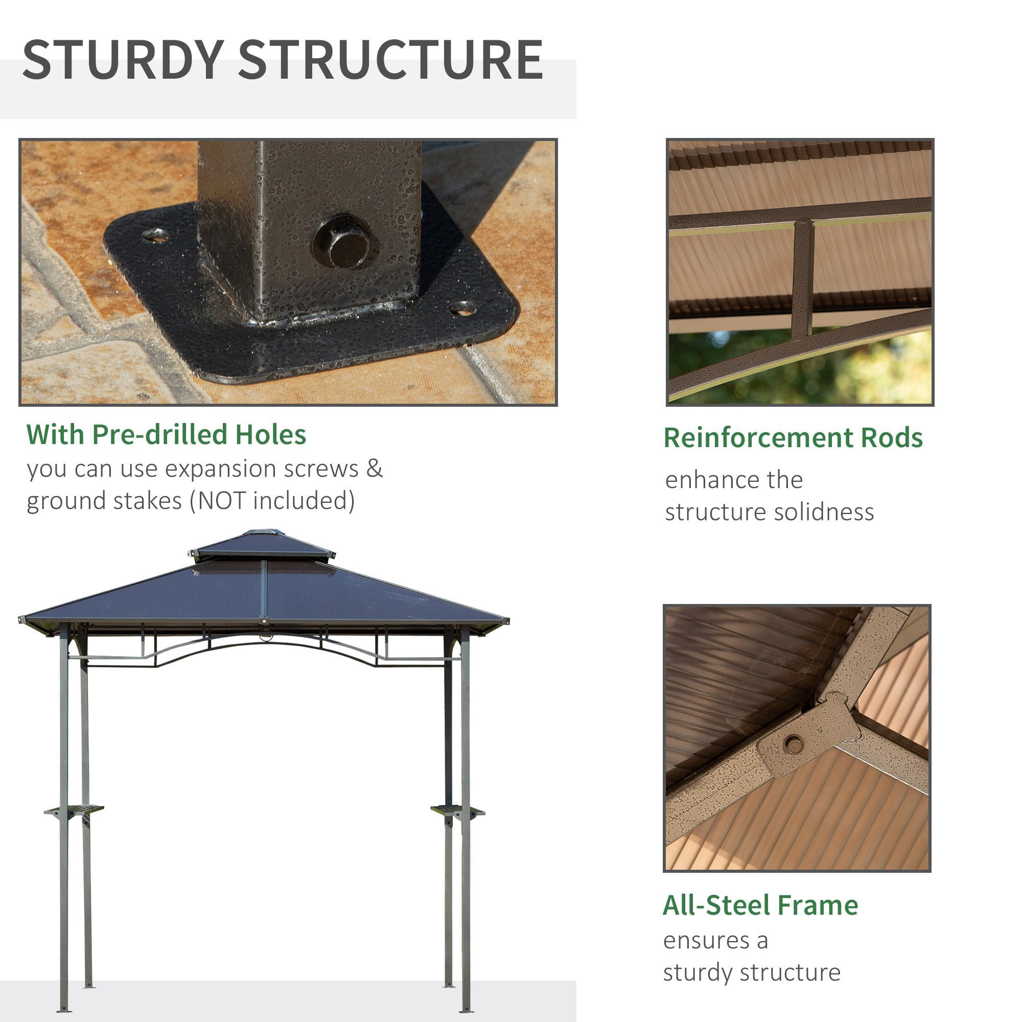 8' x 5' BBQ Gazebo, Outdoor BBQ Canopy with 2 Side Shelves, and Double Layer PC Roof, UV/Rain Resistant, Sturdy Frame, Brown