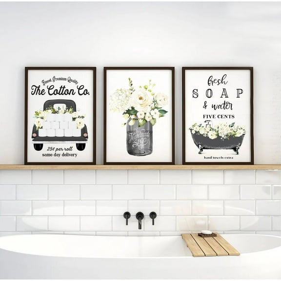 UNFFRAMED Set Bathroom Wall Decor Black Cotton Co Truck Bathroom Wall Art, Vintage Farmhouse Bathroom Decor Set 3 Prints 8x12