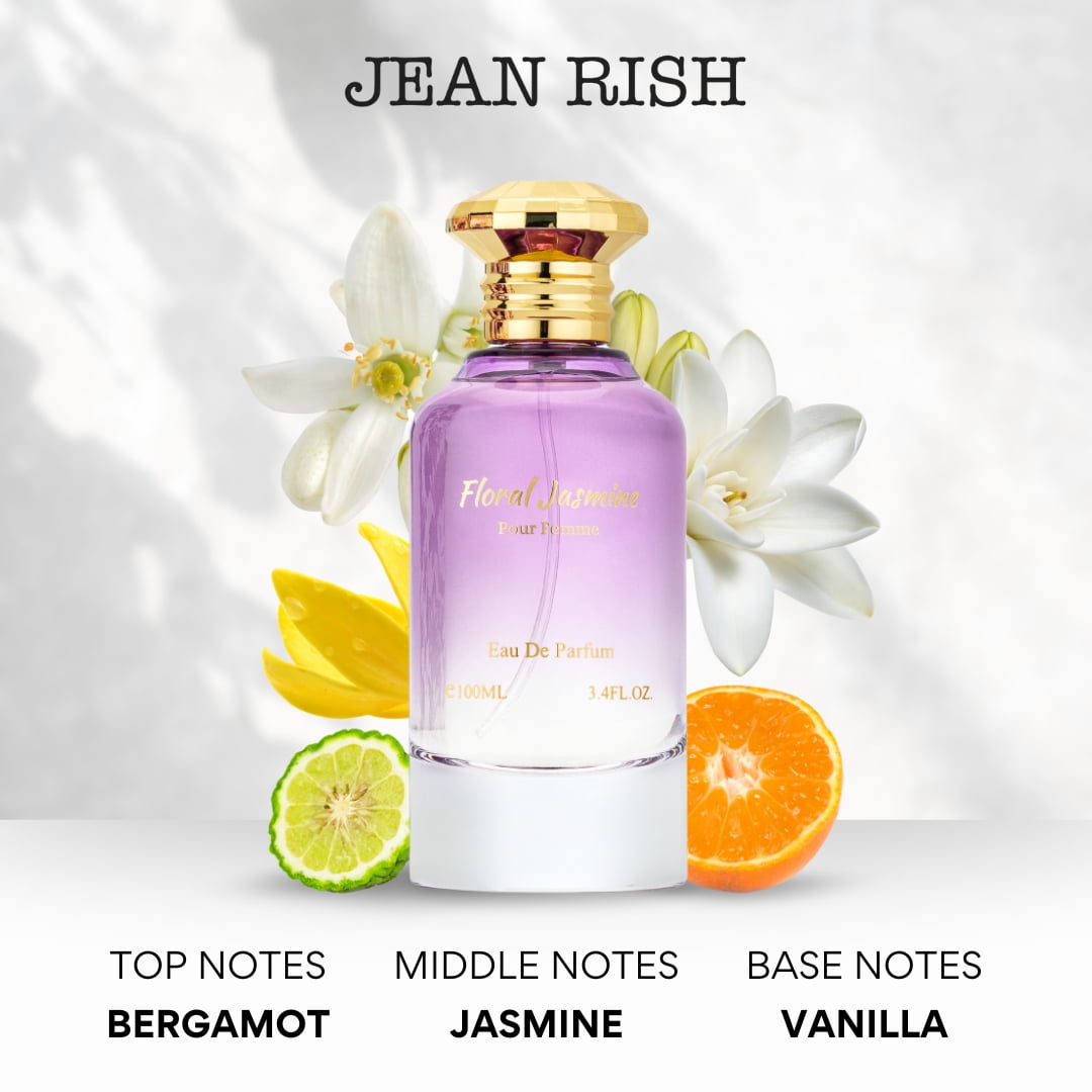 Jean Rish Floral Jasmine Perfume for Women Eau De Parfum, Long-Lasting Luxury Fragrance, Made In USA - Bergamot, Orange, Jasmine, Vanilla Scent - 100ml / 3.4 oz