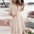 thumbnail image 2 of Women V Neck Lapel Dress Seven Part Sleeve Belt Dress Spring Elegant Casual Work Wear, 2 of 5