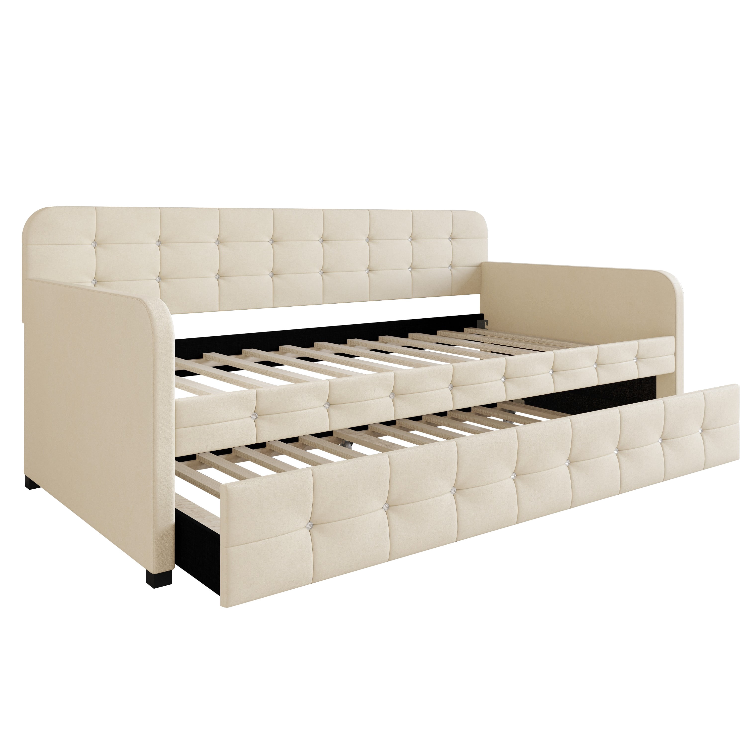Home Design Elyria Twin Daybed with Velvet Upholstery, Diamond Button Tufting, Rounded Arms, Pull-Out Trundle, Solid Wood Frame, Stylish Seating and Sleeping, Beige