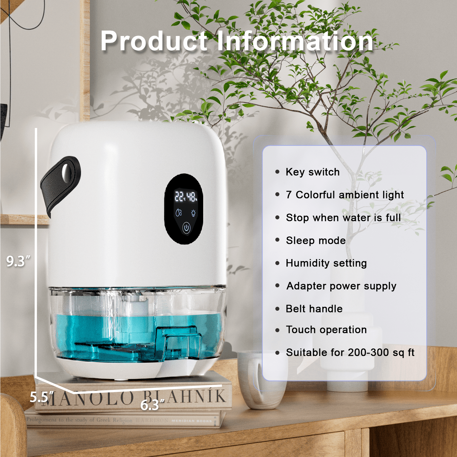Flictozena Desktop dehumidifier with 35oz water tank, portable leather handle, 7-color ambient light, Elegant White