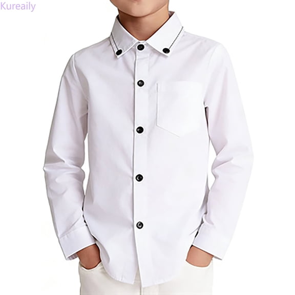Kureaily Boys Long Sleeve Shirt Casual Button Down Top For Kids Twill Daily Wear ,collared long sleeve topSize 18-24 Months ,White