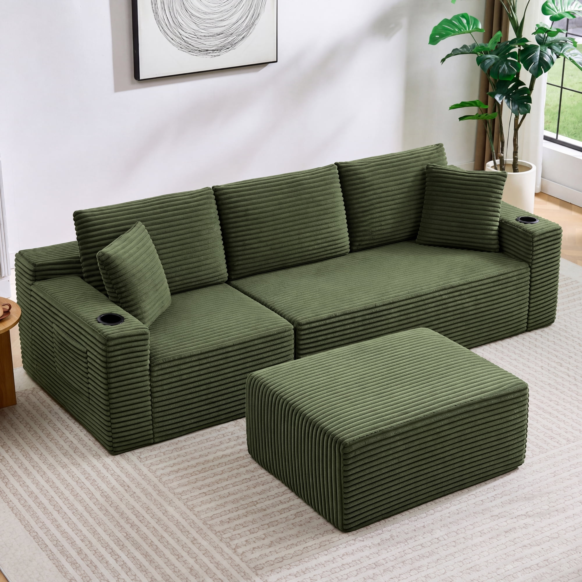 HOQBN L-Shaped Sectional Sofa with Ottoman, Corduroy 3-Seat Couch, Modern Modular Sofa for Living Room Green