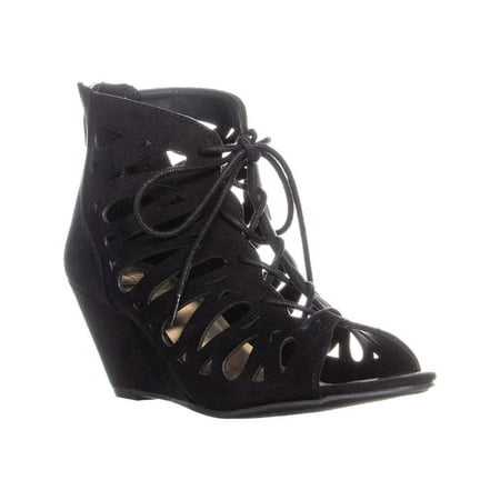 Womens MG35 Harlie Perforated Lace Up Wedge Sandals, Black