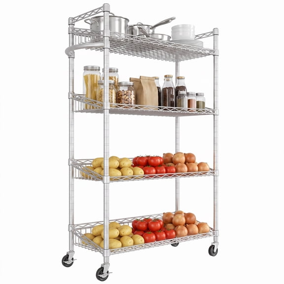 4-Tier Wire Shelving with Wheels Chrome Metal Basket Storage Rack, 350 lbs Adjustable Shelf