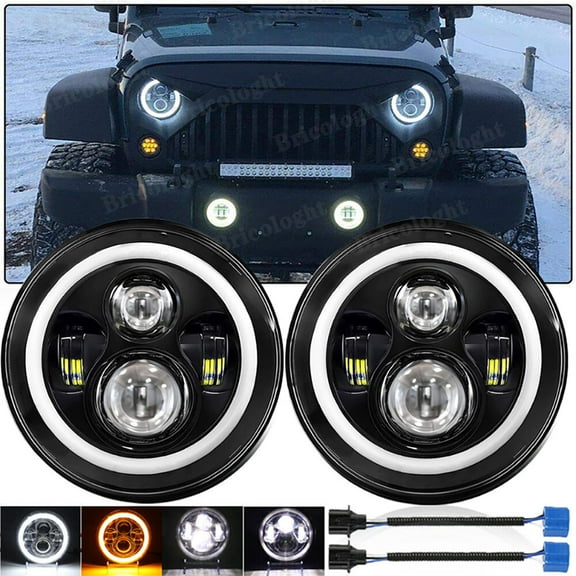 Pair 7" Inch Round LED Headlights Halo Angle Eyes For Jeep Wrangler JK LJ TJ CJ