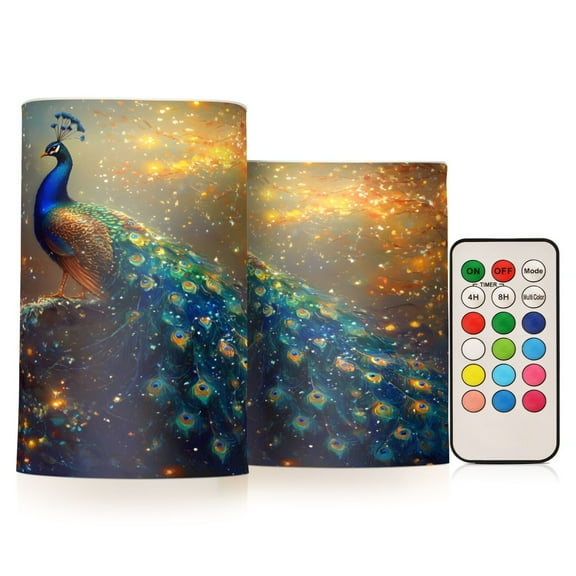 ALAZA Peacock in Christmas 2 PCs LED Flickering Flameless Candles with Remote Timer Battery Operated Candle