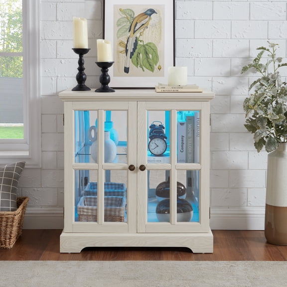 FFZ LED Curio Display Cabinet with Lattice Doors, Adjustable Shelves, 7-Color Lighting, 30.31x15.75x32., White