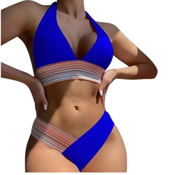 Virmaxy Women's Solid High Cut String Triangle Bikini Set Alluring Print Swimwear Two-Piece Slim Swimsuit Bikini Straped Swimsuits Blue XL