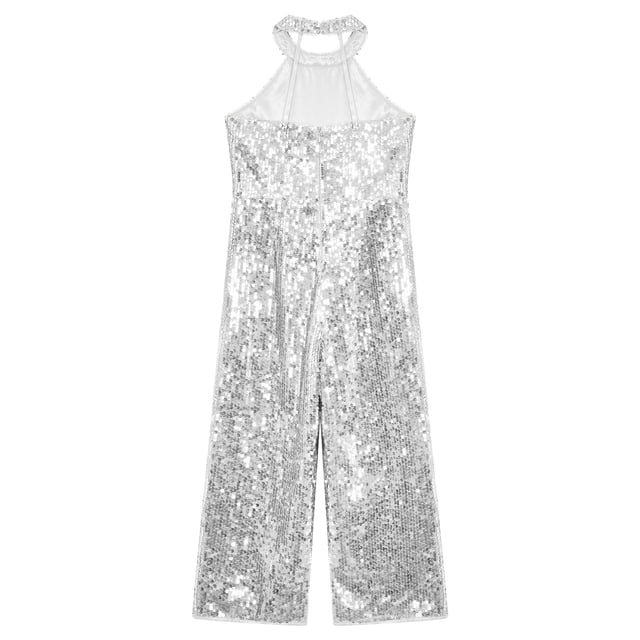 MSemis Barboteuse à Sequins pour Filles, Col Halter Sans Manches, Combinaison de Danse Formelle pour Fête Argent 14