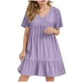 thumbnail image 2 of Spazoro Little and Big Girls A-line Dresses, Solid Color V-Neck Comfortable Short Sleeve Casual Dresses for Girls Purple Size 13-14T, 2 of 7