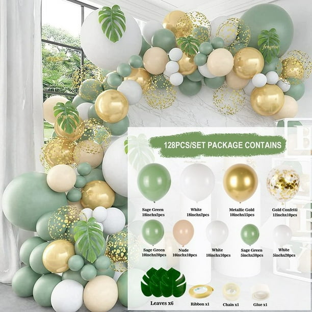 Arco de globos de cumpleaños verde oliva, 128 piezas Guirnalda de globos verde salvia Confeti de oro blanco Globo verde retro para fiesta de cumpleaños de niño