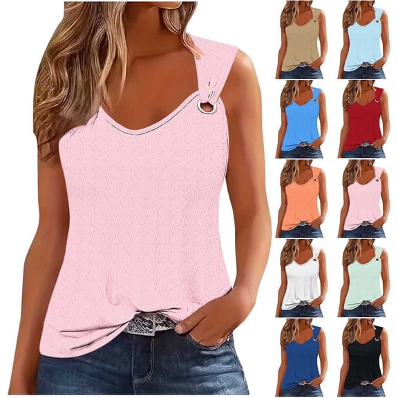Qzwdhjm Eyelet Tank Tops for Women O Ring Strap Scoop Neck Tanks Solid Sleeveless Tunic Shirts Comfy Loose Tees for Weekend Shopping