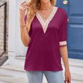 thumbnail image 5 of Summer Plus Size Tops for Womens 2025 Fashion V-Neck Solid Lace Satin Mid Sleeved Top, 5 of 6