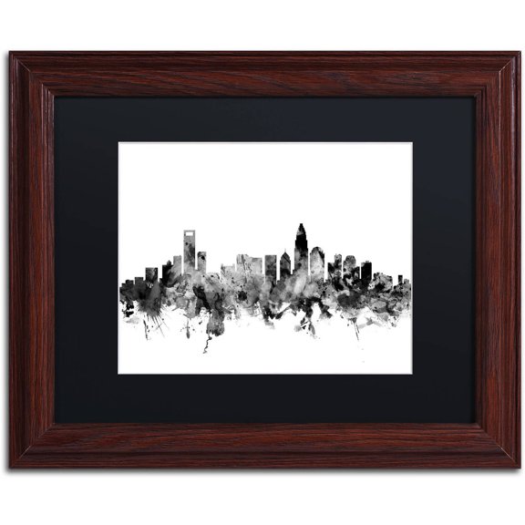 Trademark Fine Art "Charlotte NC Skyline B&W" Canvas Art by Michael Tompsett, Black Matte, Wood Frame