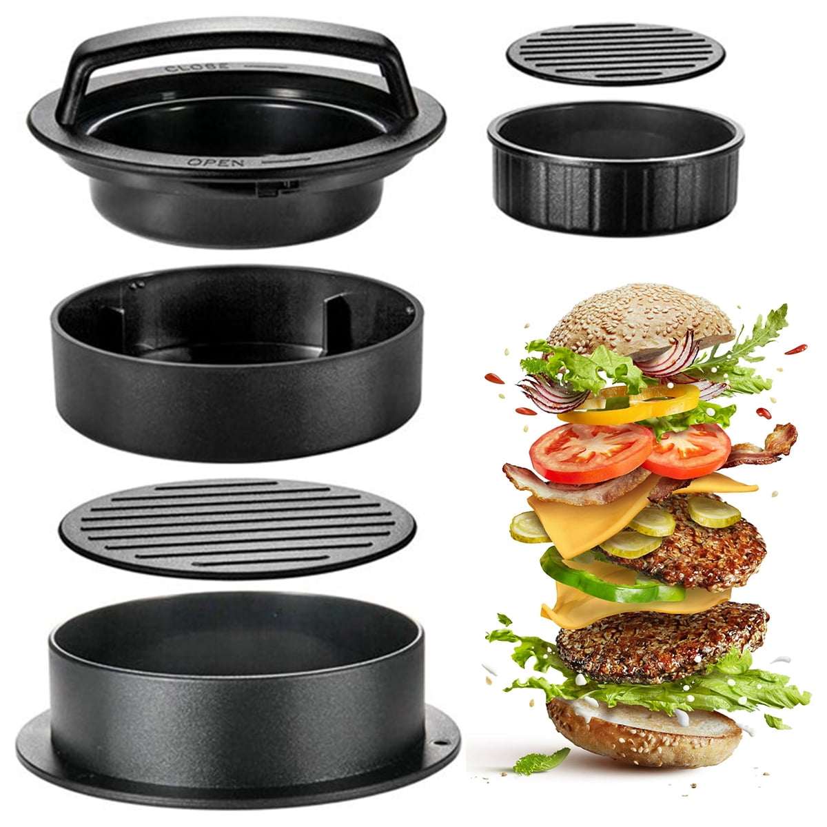Fyeme Burger Press Hamburger Press Patty Maker 3-in-1 Non Stick Stuffed Burger Press Different Size Hamburger Patty Molds for Grilling and Cooking Kitchen Barbecue Tool