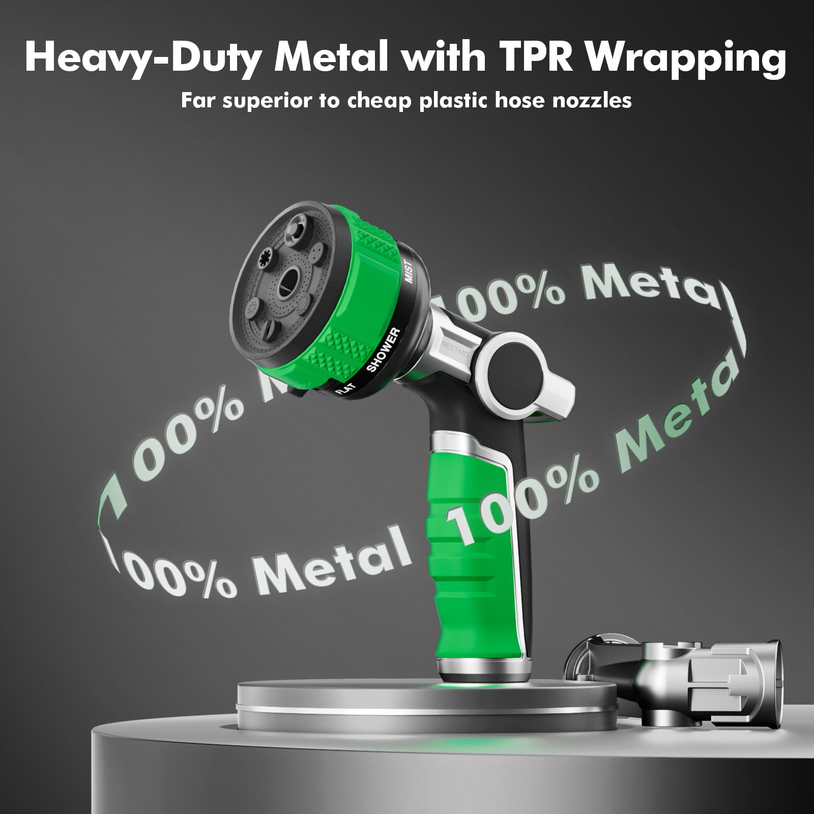 Restmo 100% Metal Heavy Duty Garden Hose Nozzle, 9 Spray Patterns, Patent 2-Way Water Patterns, Leak-Proof Thumb Control for Lawn & Yard Watering