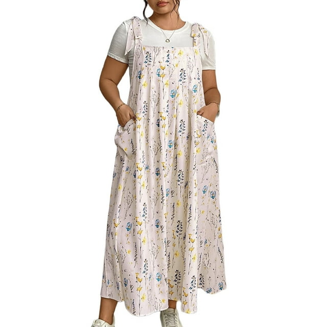 Robe Maxi d'Été Grande Taille pour Femmes, Sans Manches, Bretelles Spaghetti, Longue, Plage, Fleurs Roses, TG