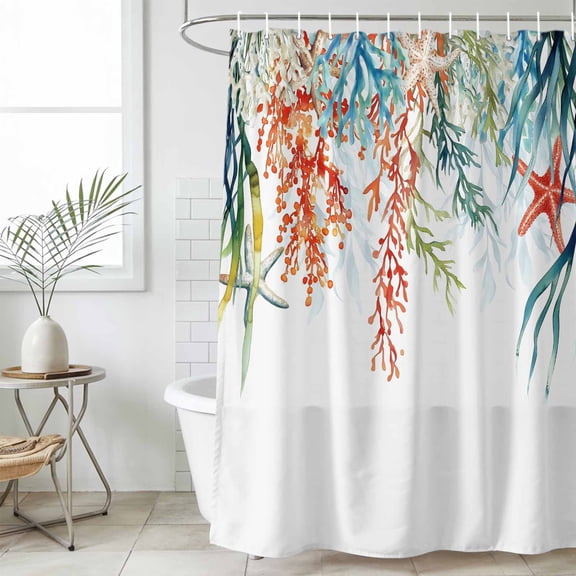 Coastal Ocean Waterproof Fabric Shower Curtain,Summer Beach Coral Starfish Seagrass Waterproof Fabric Shower Curtain for Bathroom Curtains Bathtubs Hotel Shower Curtains with 12 Hooks Small 36x72in