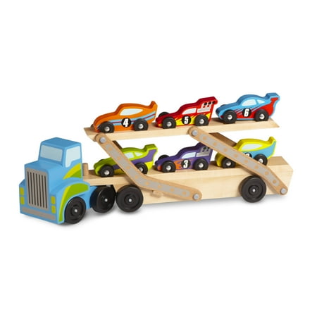 UPC: 0000772027595 | Melissa & Doug Mega Race-Car Carrier – Wooden Tractor and Trailer With 6 Unique Race Cars