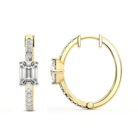 Diamond Hoop Earring | 4 Carat IGI Certified Emerald Shape Lab Grown Diamond Hoop | 18K in Yellow Gold | Moonlight Glow Elongated Hoop Lab Diamond Earrings | FG-VS1-VS2 Quality | Friendly Diamonds