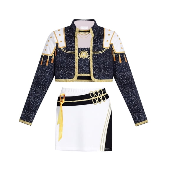 Kids Girls Pop Singer Concert Outfit, 3-Piece Sparkly Jacket Top and Skirt Set for Anime Cosplay Halloween Birthday Party Dress Up, 120 (5-6Year)