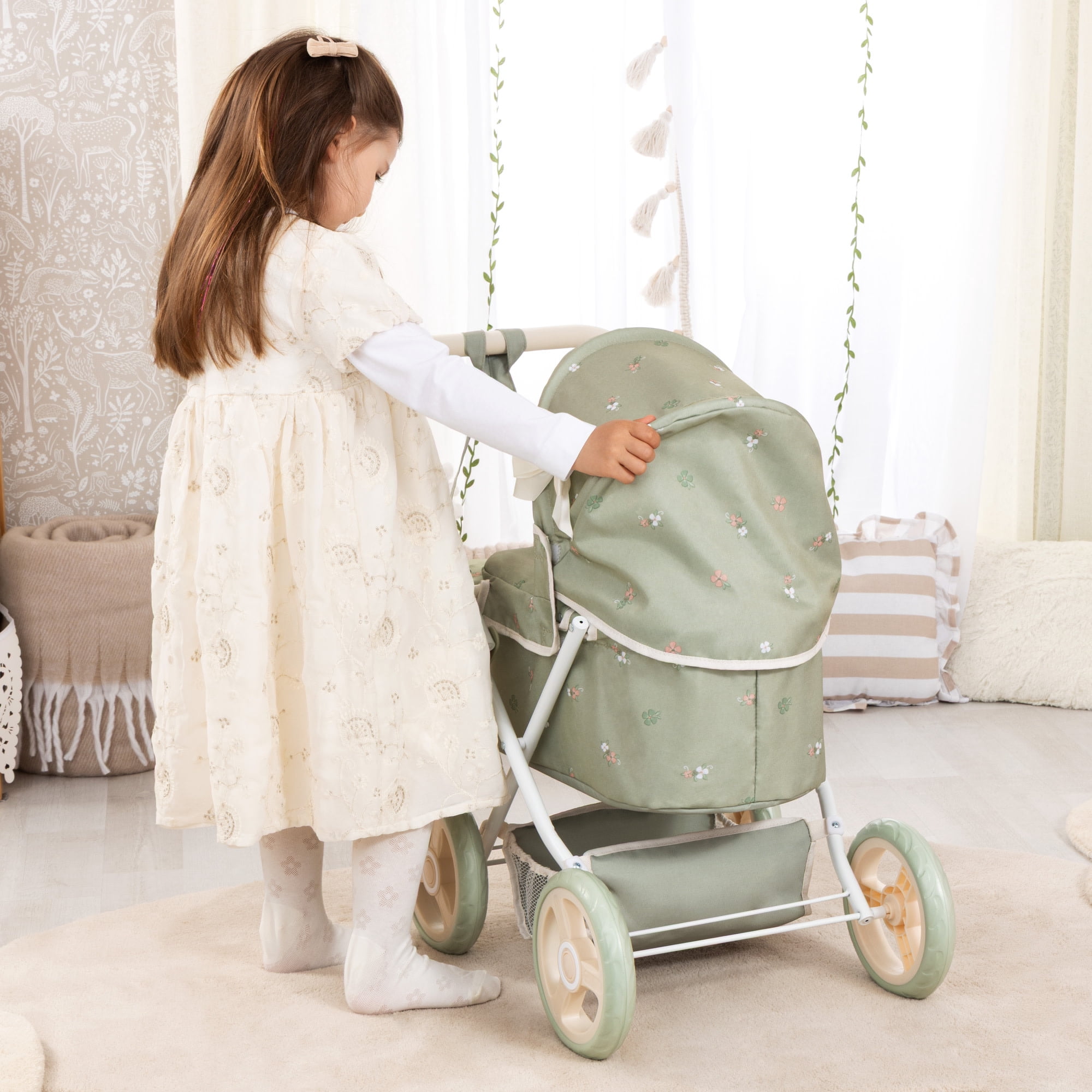 Bayer Design: Doll Pram Trendy - Green & Flowers - Play Push Stroller, Handbag, Adjustable Handle, Foldable, Toy Care Accessory Fits 18" Dolls, Kid 3+