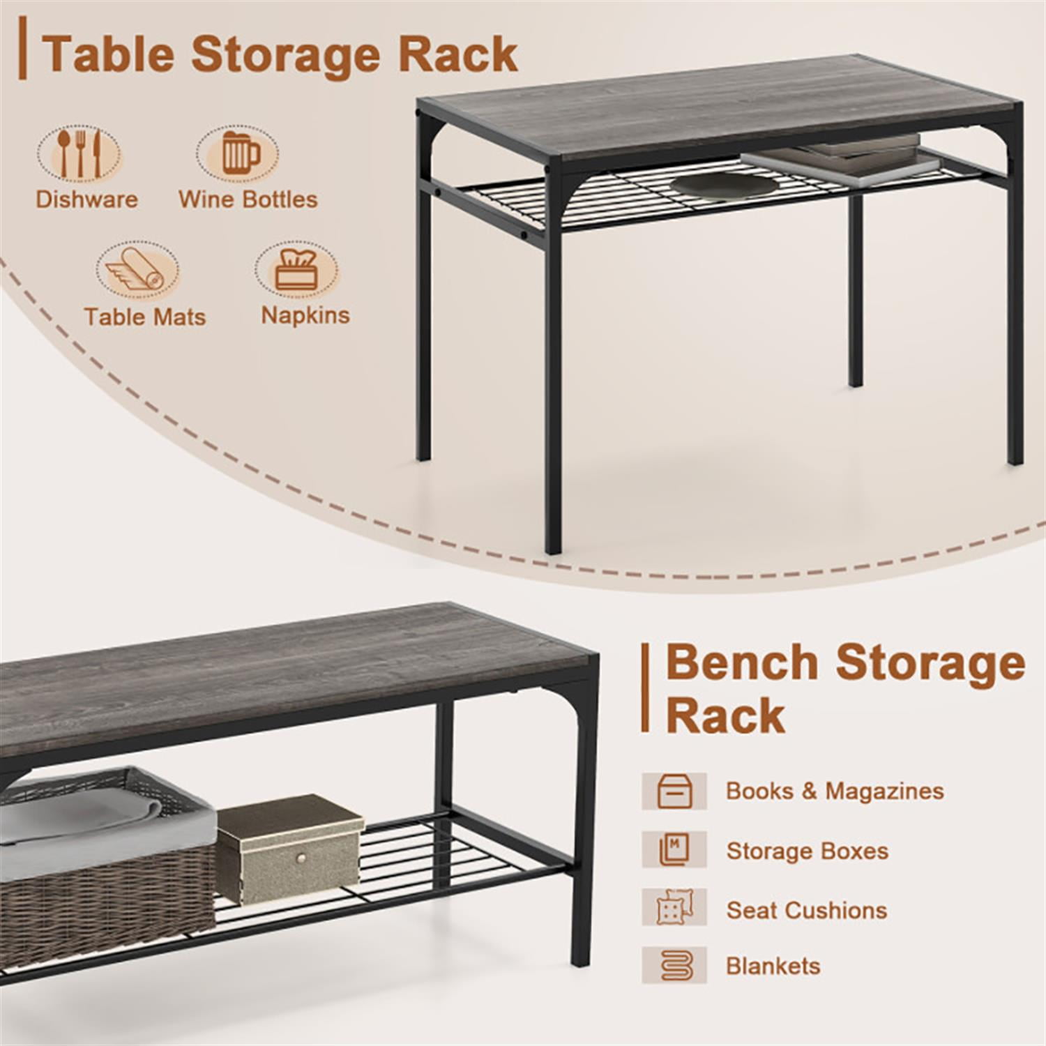 Demi Bonn 4-Piece Dining Table Set with Bench and 2 Chairs, 43"dustrial Kitchen Table with Metal Frame and Storage Rack, Perfect for Small Space, Gray