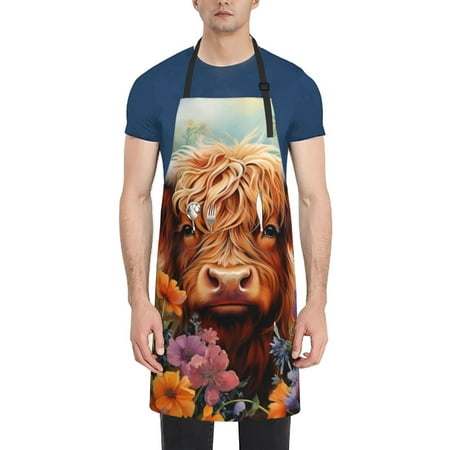 

Qekee Countryside Colorful Floral Cow Print Waterproof Apron with Pockets Adjustable Cooking Aprons Kitchen Bib for Baking Household Cleaning