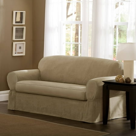 Maytex Piped Faux Suede Non-Stretch 2 Piece Loveseat Furniture Cover Slipcover, Flax