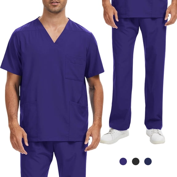 Homeyce Scrubs for Men Set Spring Summer Uniform Stretchy V-Neck Scrub Top & Cargo Pant with Pockets,Purple XL