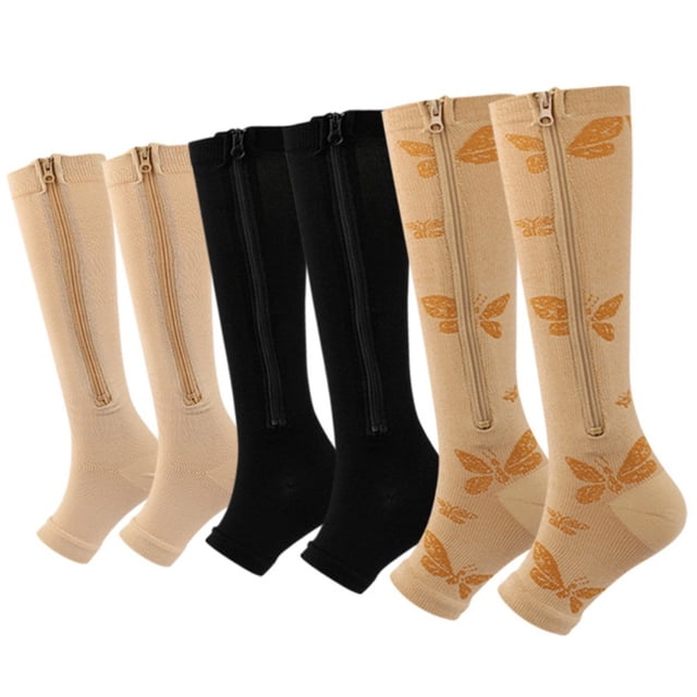 Aosijia 5 Pairs Unisex Compression Socks Toe Open Leg Support Stocking Knee High Socks with Zipper for Mens Womens M