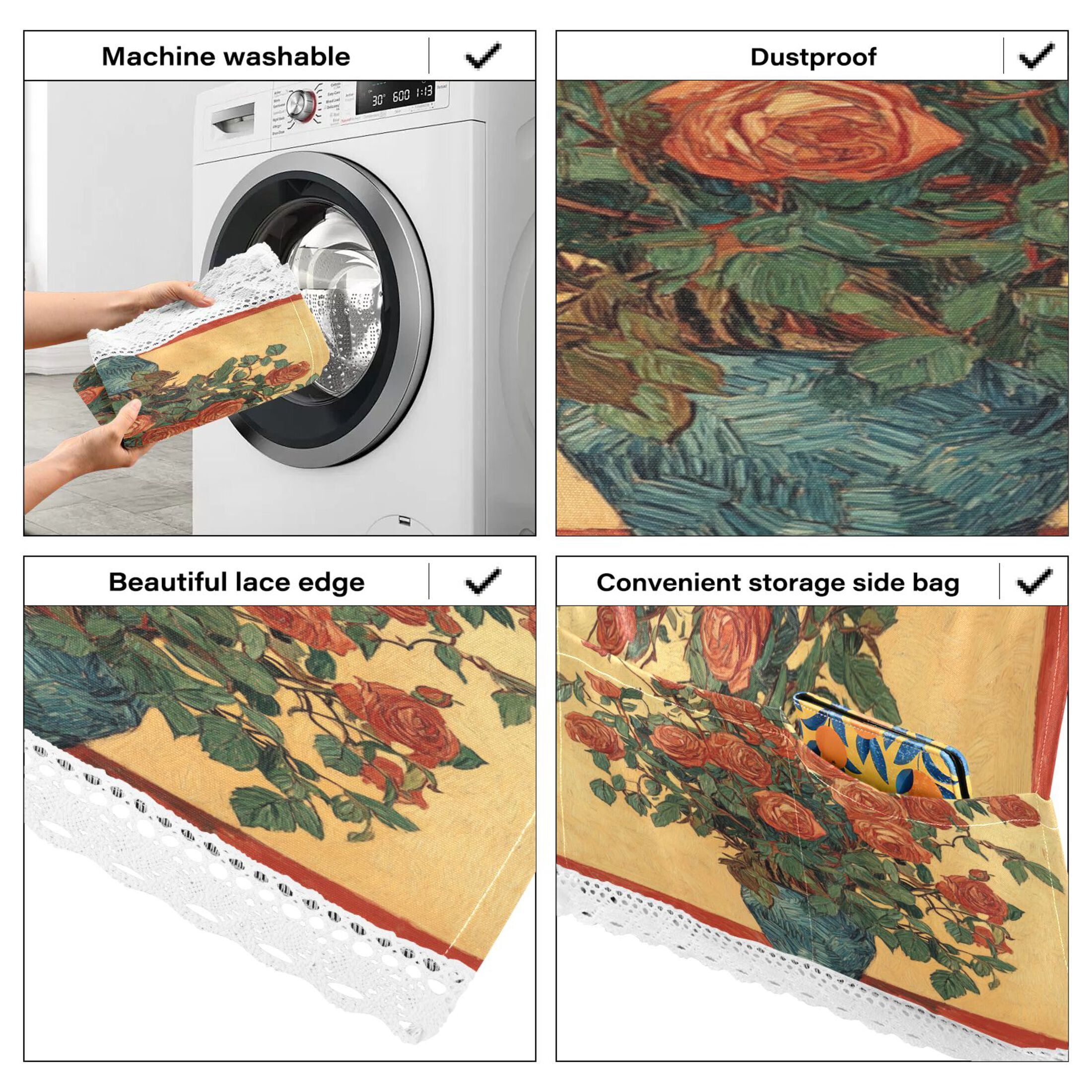 WOBOGO Oil Painting Patterns for Red Rose Pots Washing Machine Cloth Dryer Refrigerator Top Cover Protective Non-Slip Mat For Kitchen Laundry