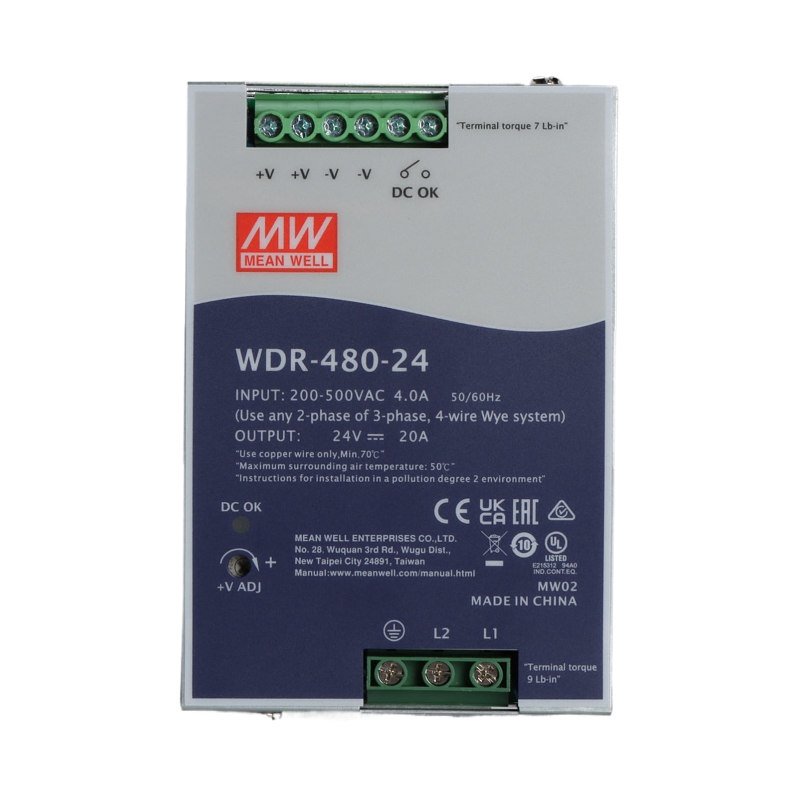 Feedannce 24V 20A 480W Industrial DIN Rail Switching Power Supply,  MEAN WELL WDR-480-24