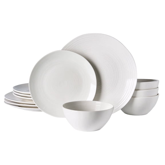 Famiware Prelude 12 Piece Porcelain Dinnerware Set, White Plates and Bowls Set for 4