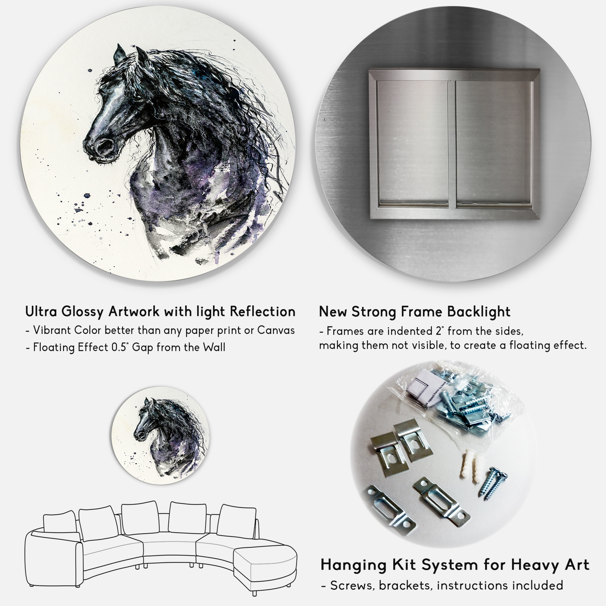 Designart 'Close Up of Friesian Horse With Long Manes' Farmhouse Circle Metal Wall Art 29x29 - Disc of 29